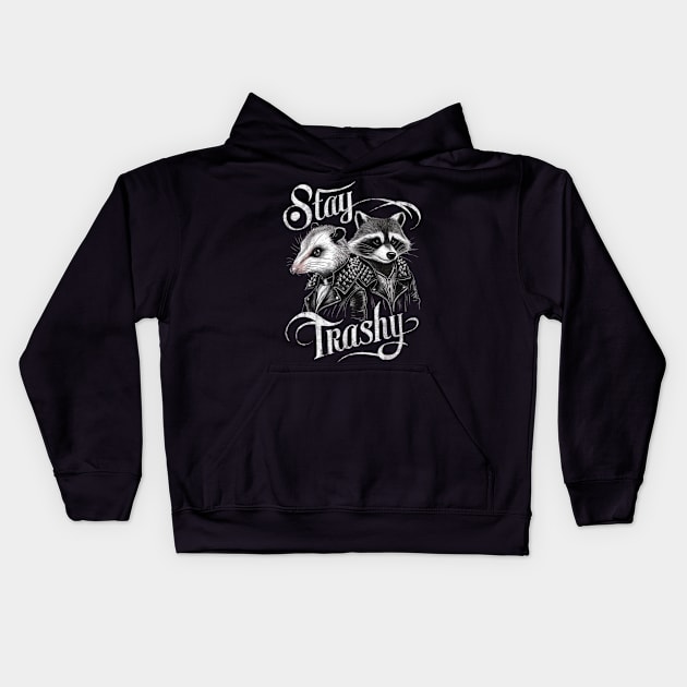 Stay Trashy Funny Possum And Raccoon Lovers Kids Hoodie by Lovelydesignstore